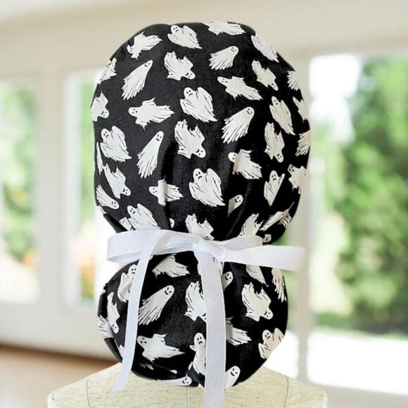 Glow In The Dark Ghosts~ Ponytail Scrub Cap, Surgical Hat, OR, CNA, NP, MD, Gift - Picture 2 of 6